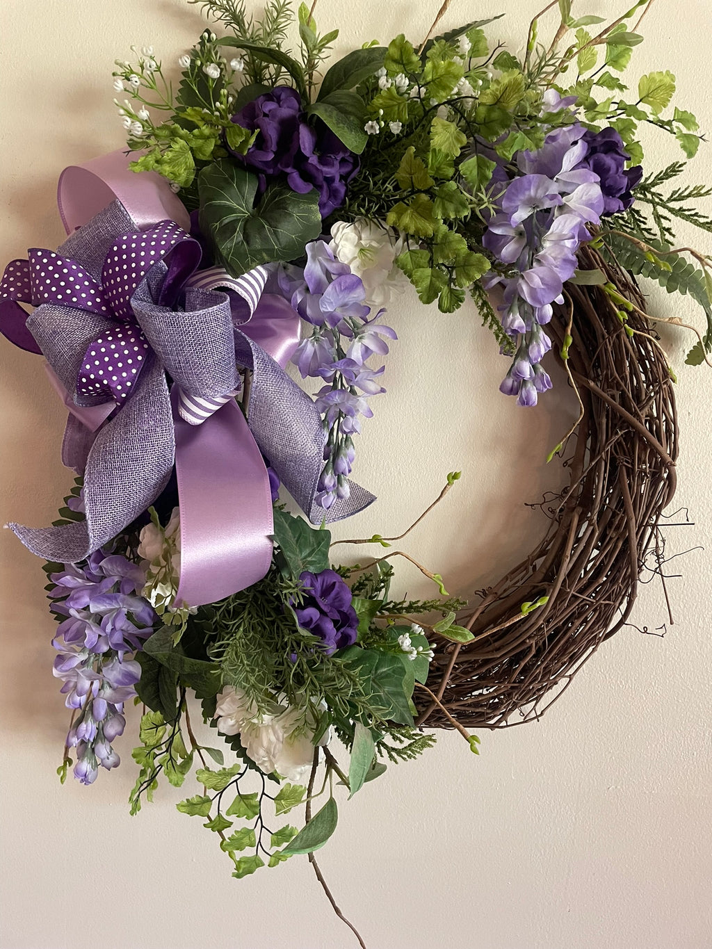 Purple Grapevine Wreath with White Cherry Blossoms