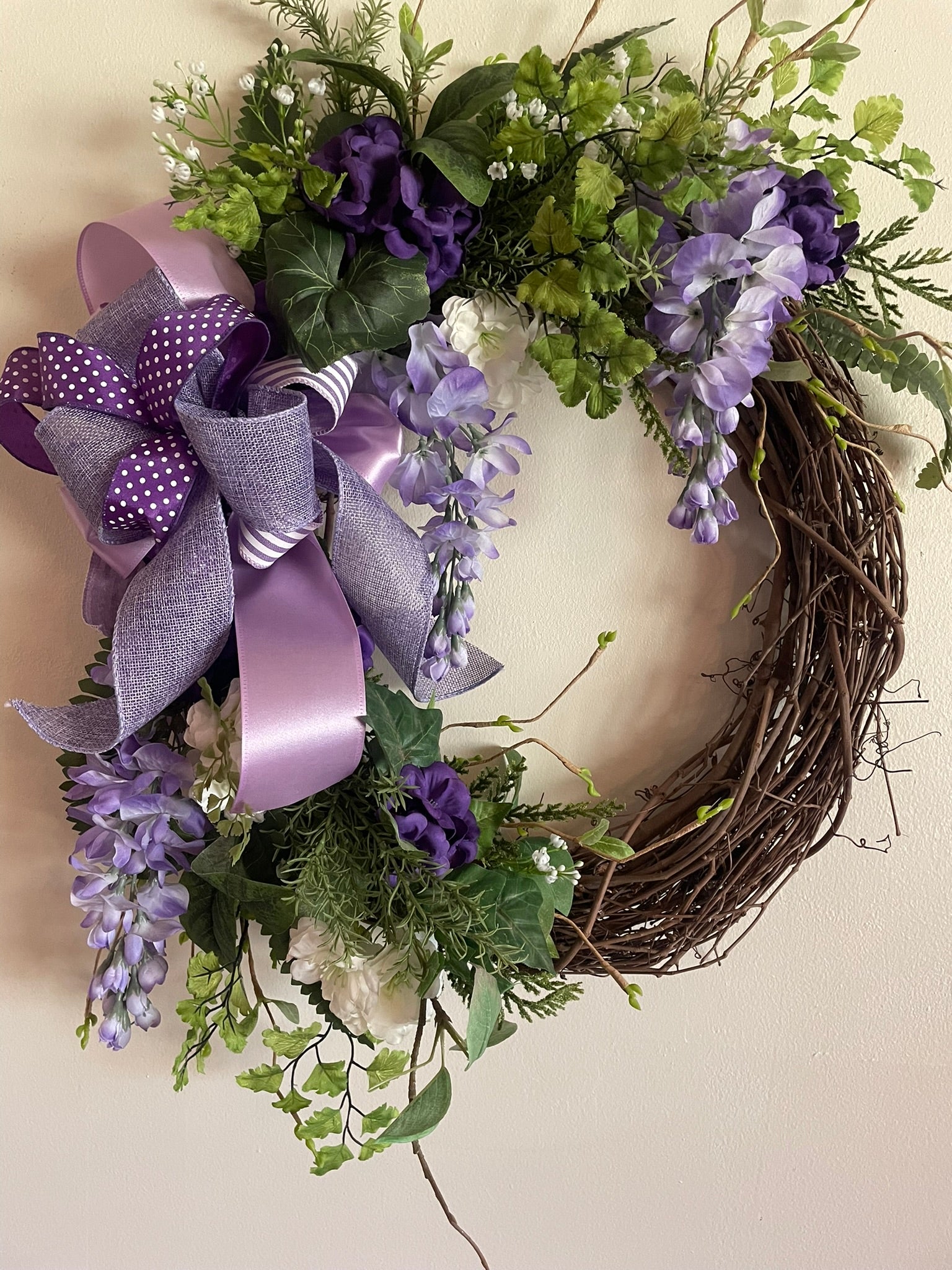 Purple Grapevine Wreath with White Cherry Blossoms