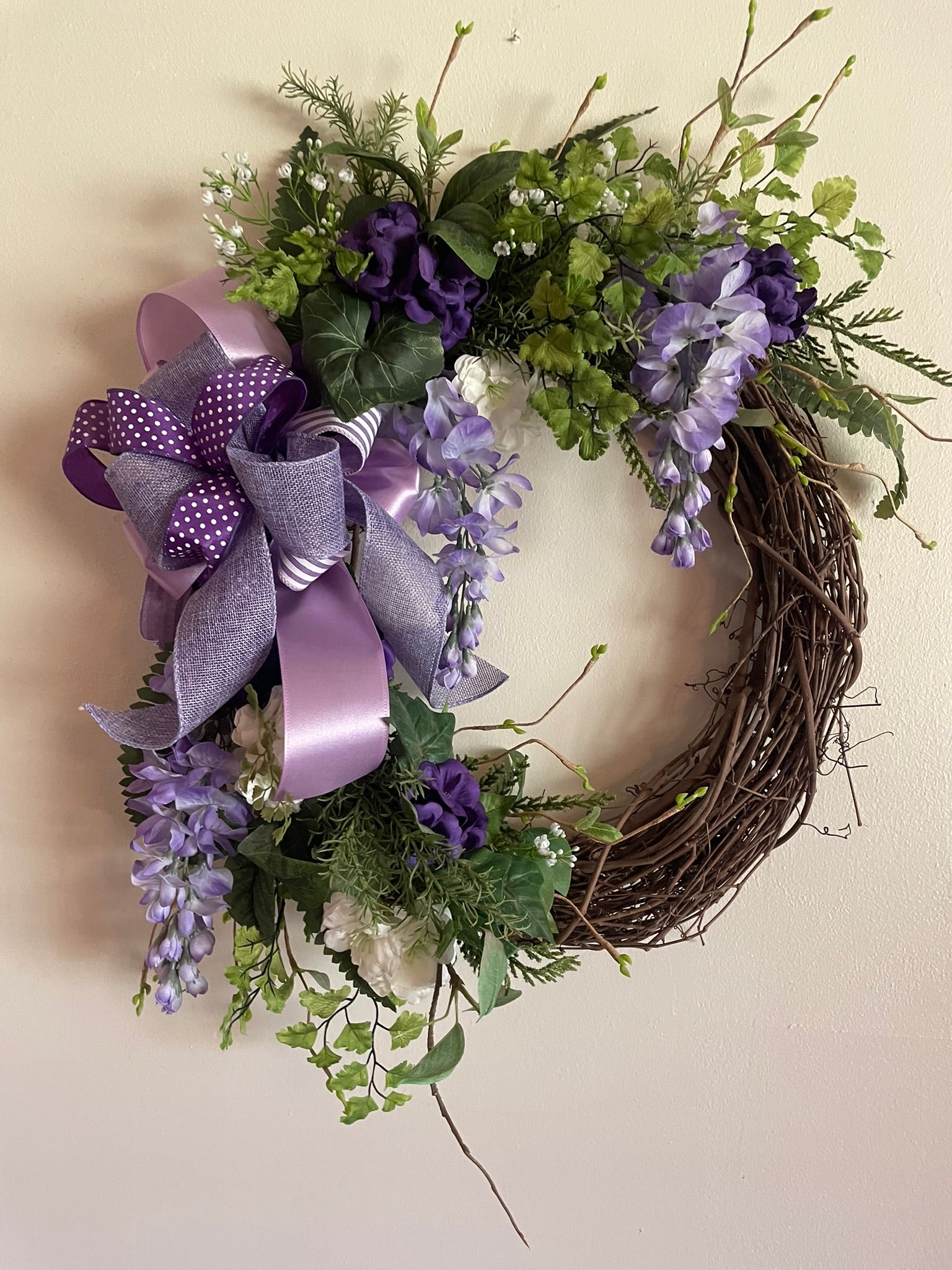 Purple Grapevine Wreath with White Cherry Blossoms
