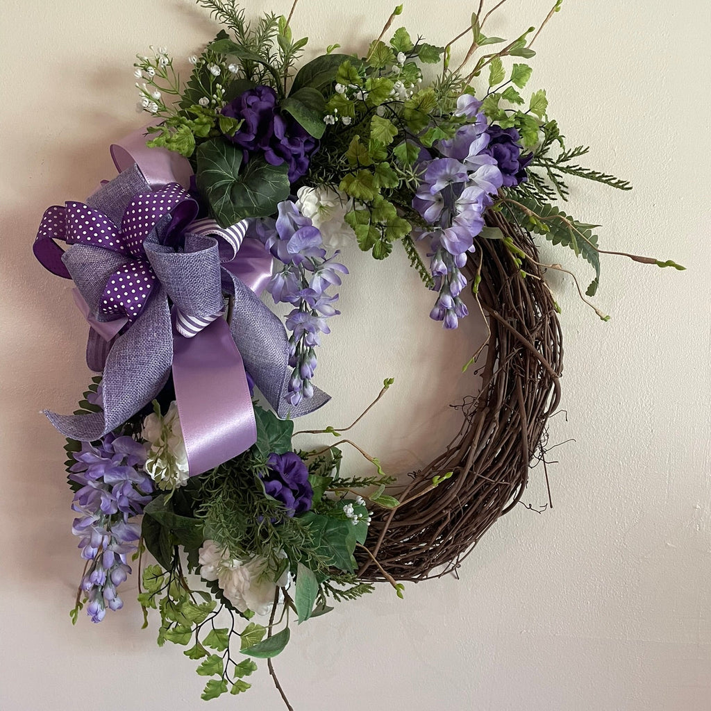Purple Grapevine Wreath with White Cherry Blossoms