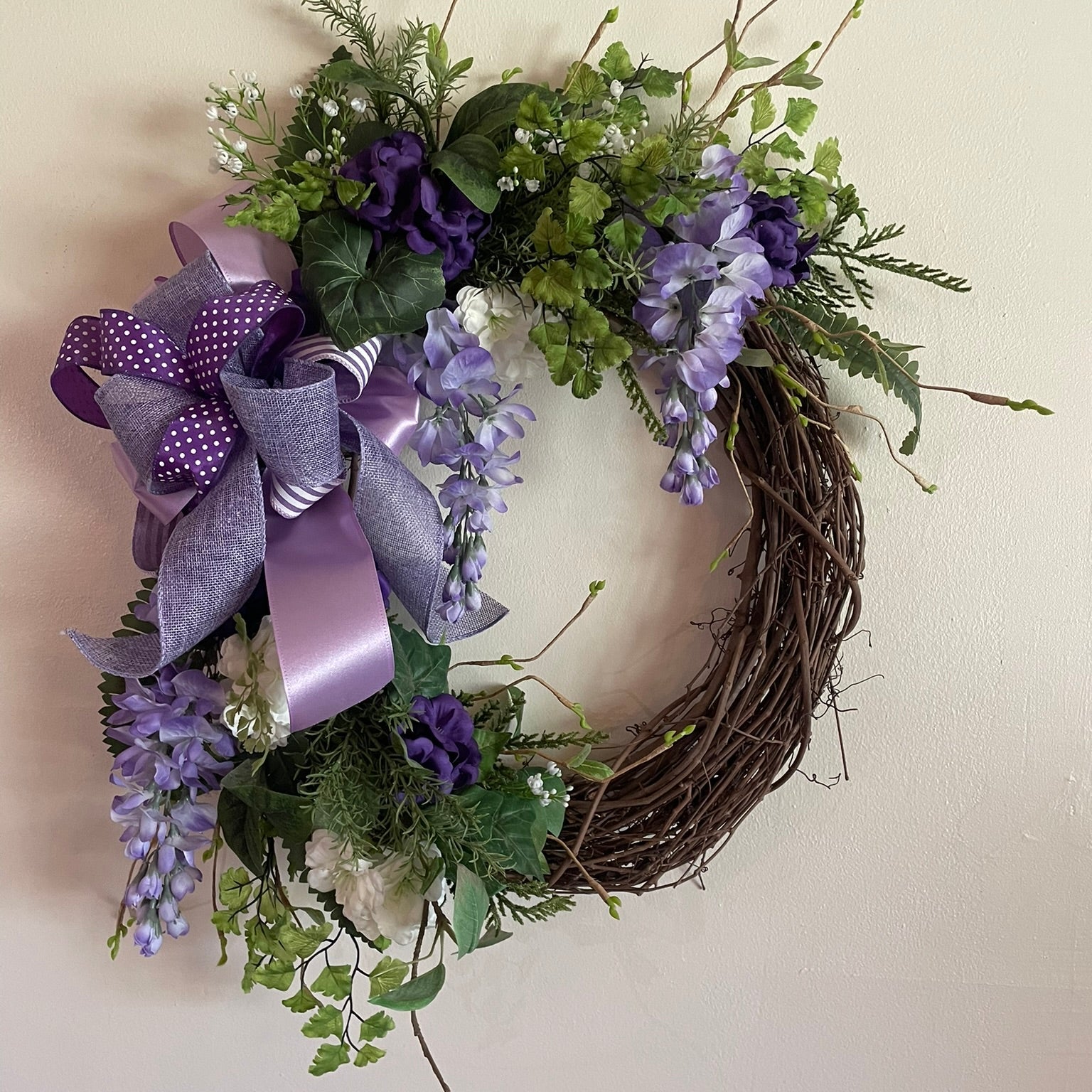 Purple Grapevine Wreath with White Cherry Blossoms
