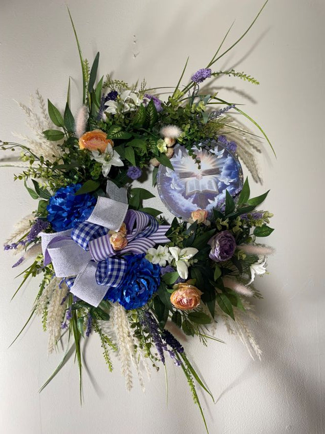 Blue and White Religious Grapevine Wreath