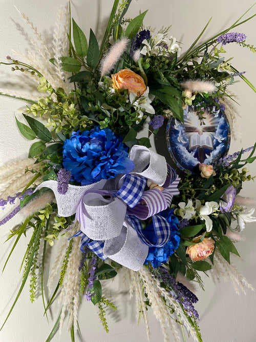 Blue and White Religious Grapevine Wreath
