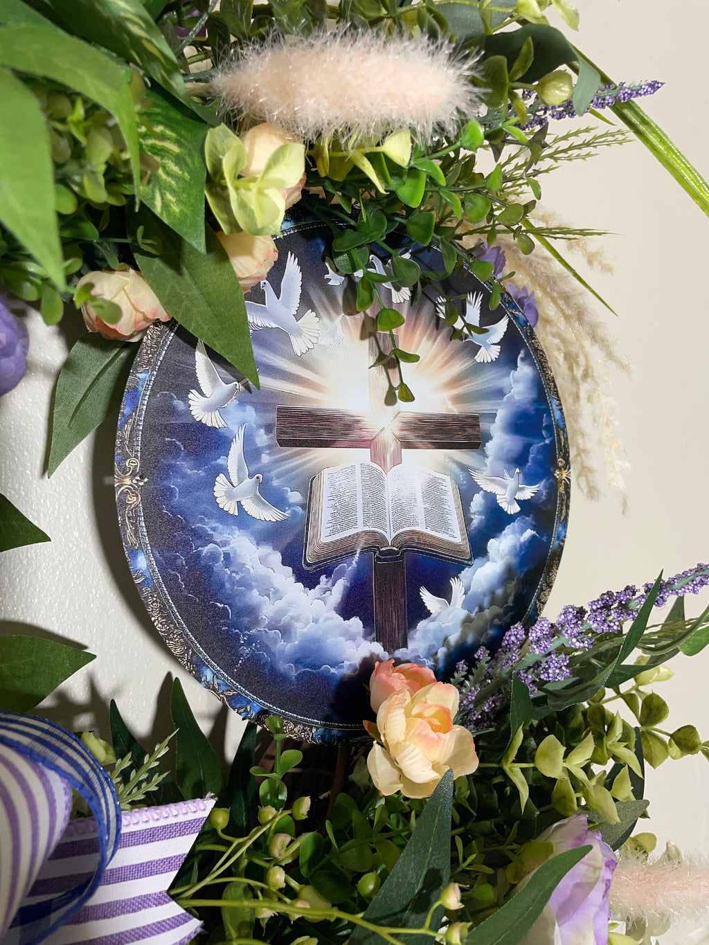 Blue and White Religious Grapevine Wreath