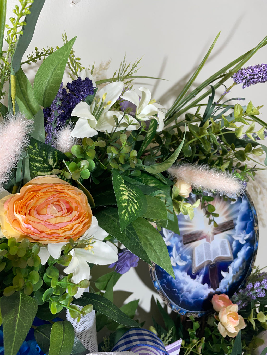Blue and White Religious Grapevine Wreath